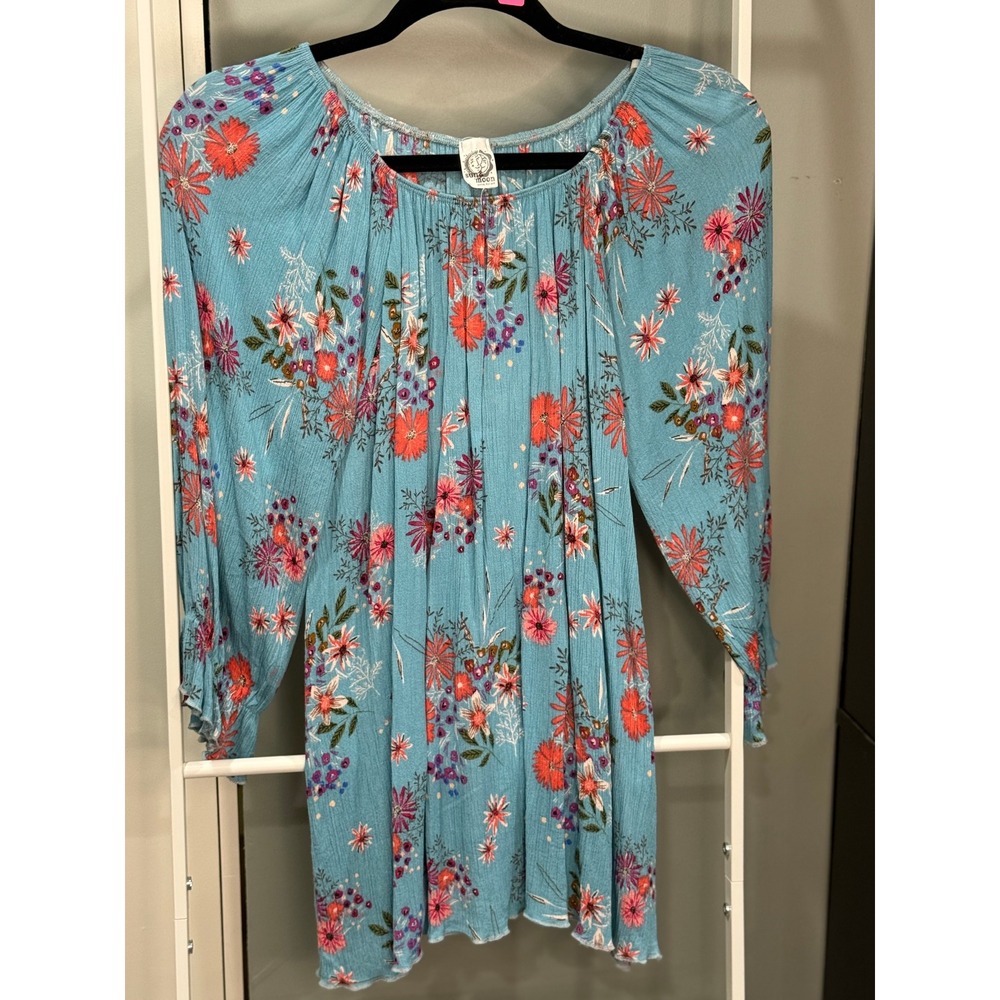 Sun & Moon Blue Floral Rayon Mini Dress Tunic Ruffle Cuff Boho Small Cottagecore